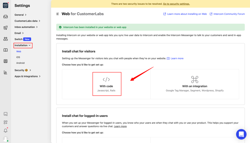 Intercom account dashboard showing integration with other tools in installation section in the settings