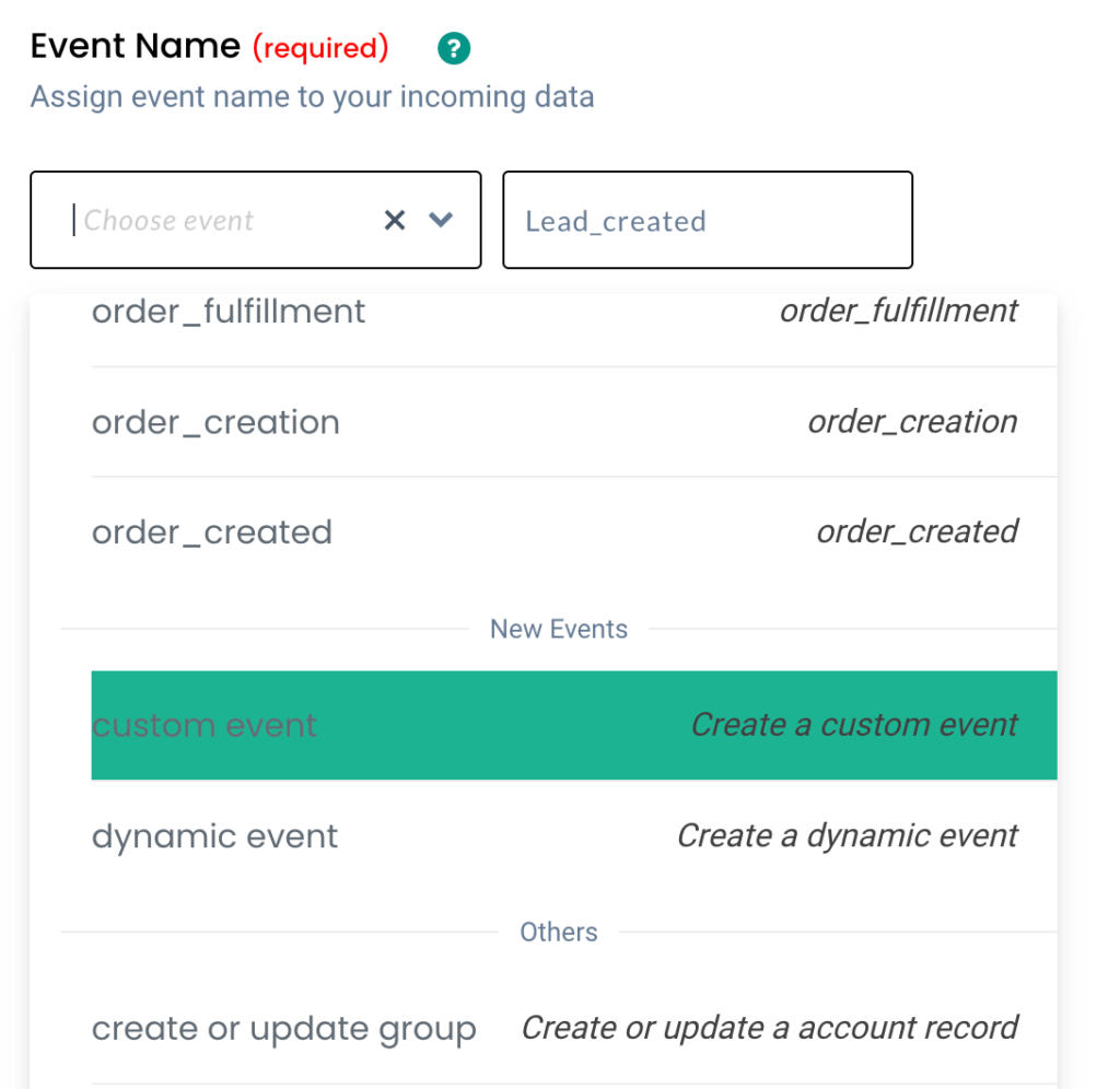 Event name to create event for the data inside CustomerLabs CDP for intercom data