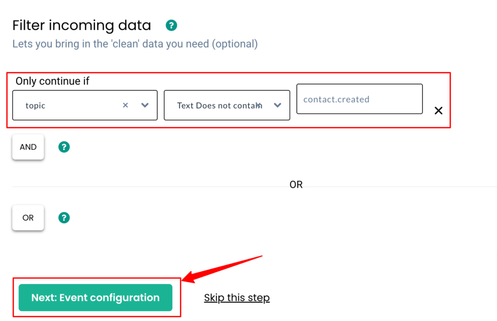 Filteration conditions setup in CustomerLabs CDP for the data pushed from Intercom