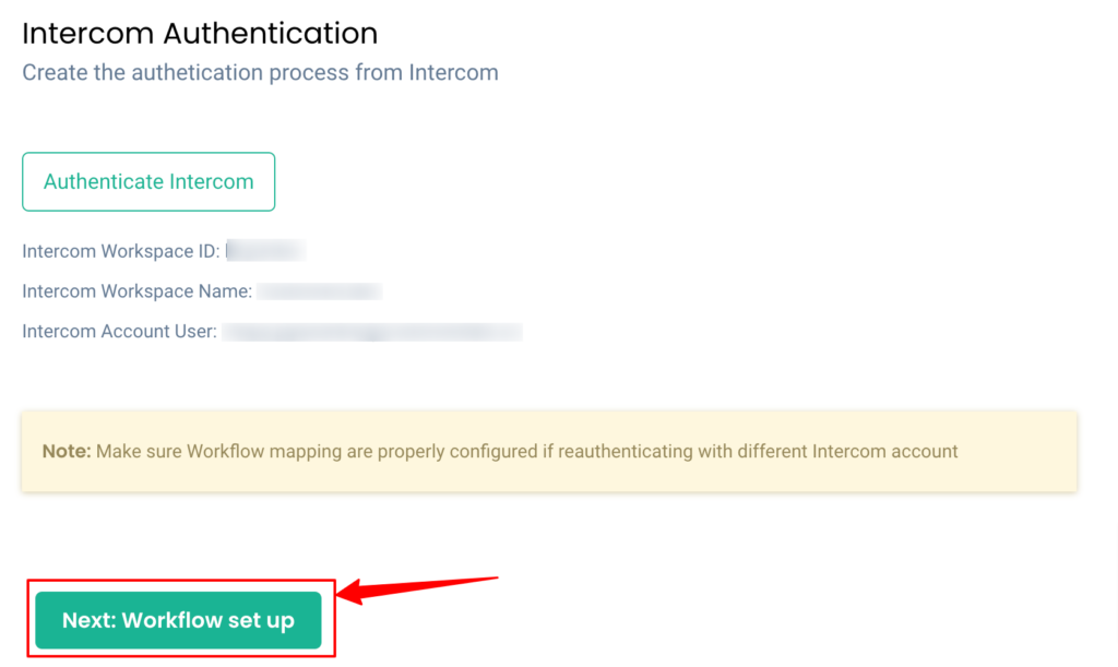 Authenticate Intercom CustomerLabs and Next step button Workflow Setup