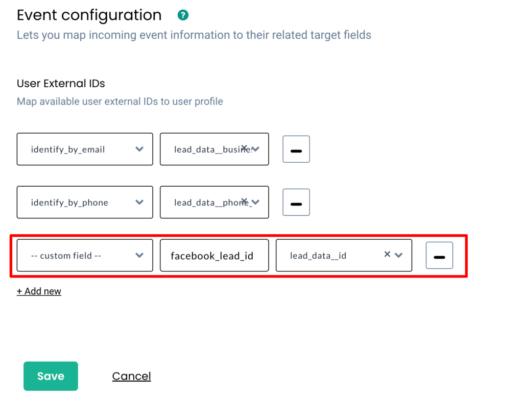 Facebook lead id and lead data ID mapped as user external IDs inside CustomerLabs for Facebook Data pulled in