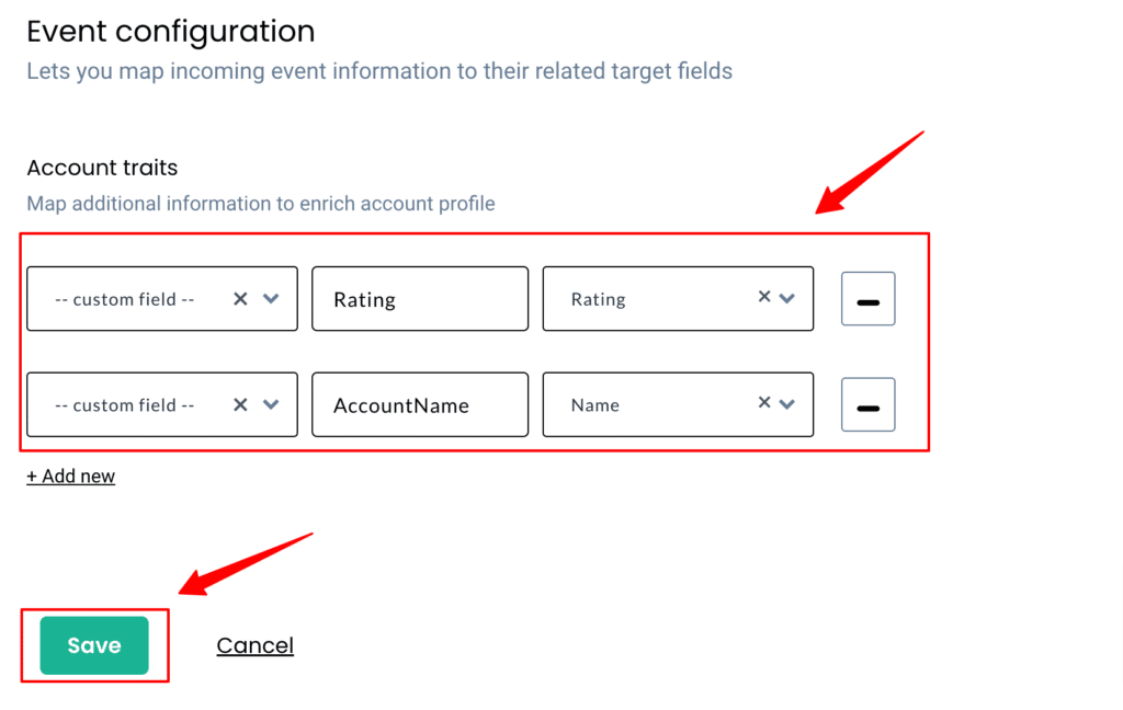 Event configuration for account name, rating etc. to be configured inside CustomerLabs CDP for Salesforce CRM
