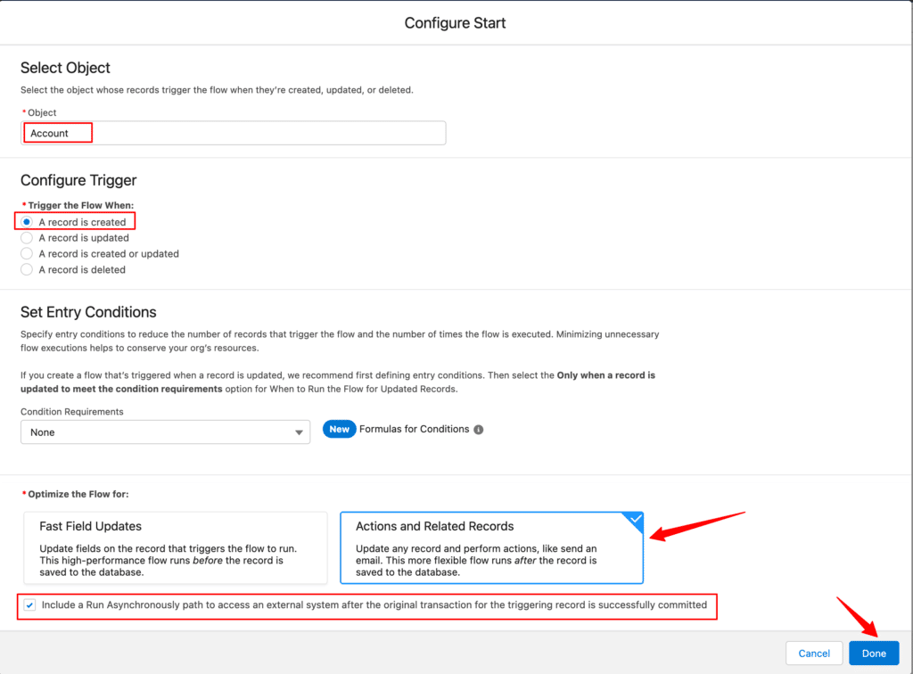 Configure Start inside Salesforce CRM with record is created and Actions and related records to be run Asynchronously. 