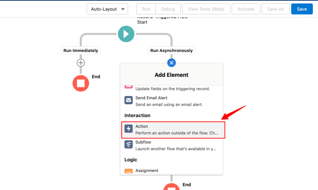 Choosing an action under add element in the Run Asynchronously path.