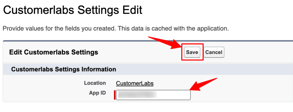CustomerLabs Settings edit in the Salesforce CRM. Save the App ID