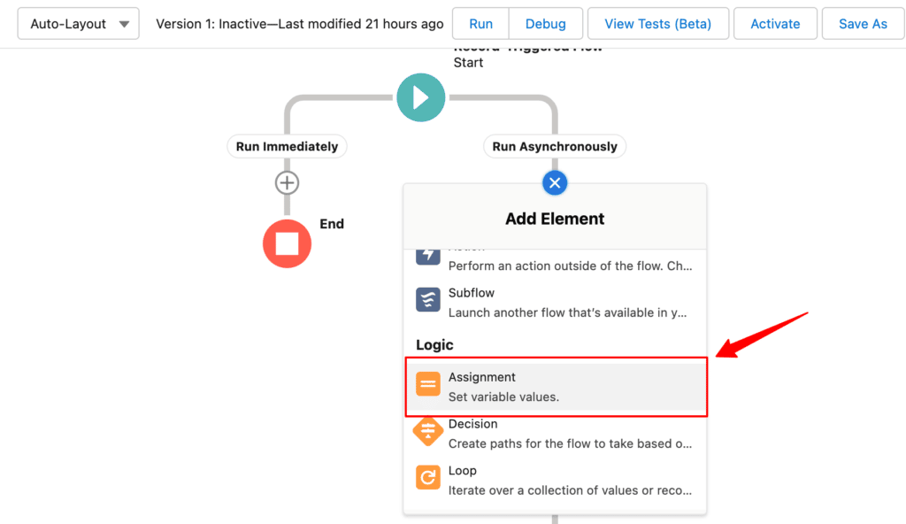 Adding element as an assignment logic in Salesforce CRM