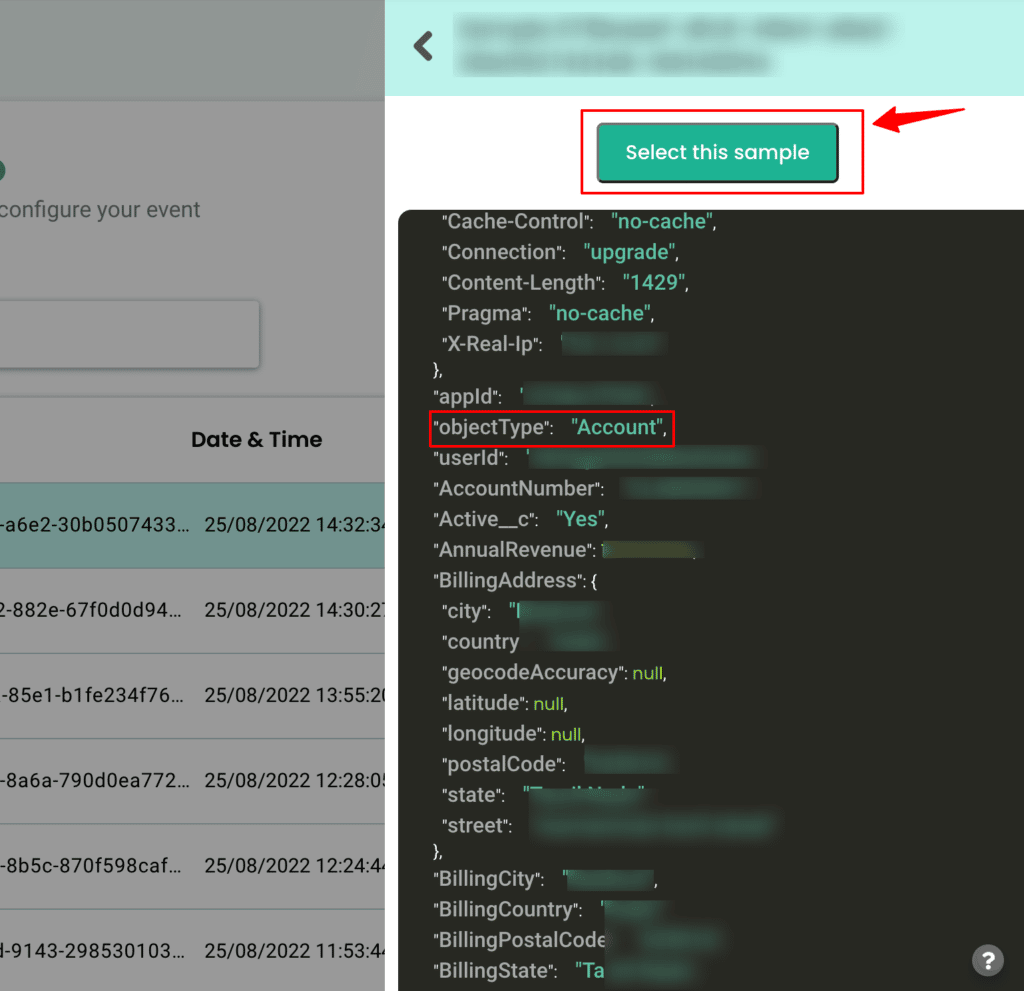 Raw sample data from Salesforce CRM with Object type account