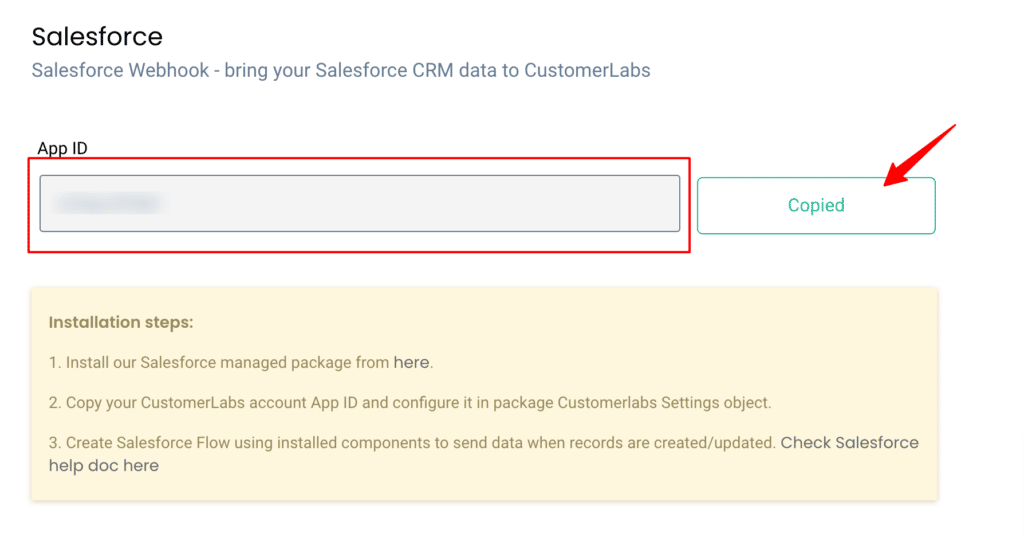 CustomerLabs CDP dashboard with Salesforce App ID to install Salesforce managed package and integrate Salesforce CRM with CustomerLabs CDP