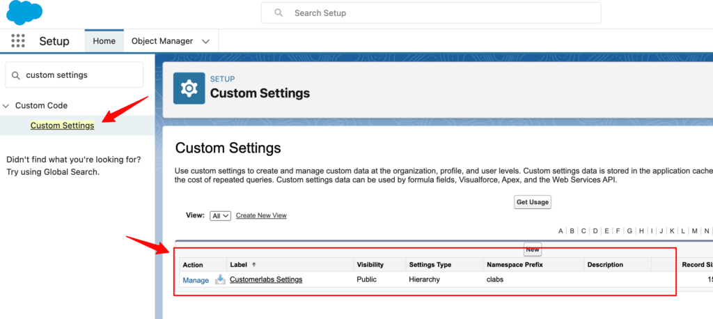 Salesforce settings dashboard with Custom Settings with CustomerLabs Settings