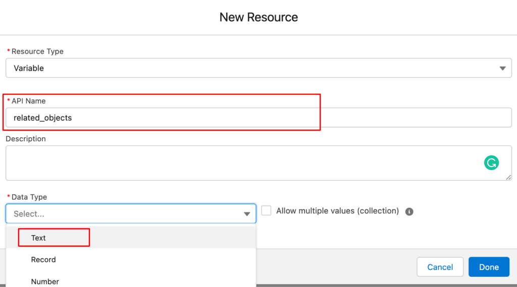 New Resource variable API name and text data type chosen in Salesforce CRM