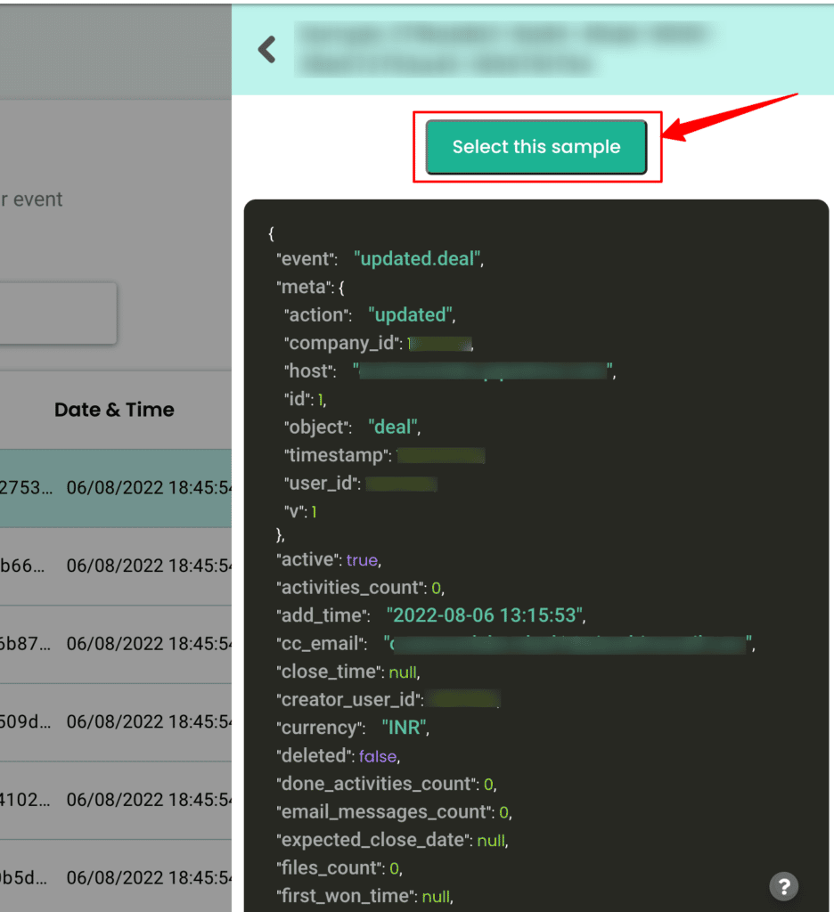 Raw user data for pipedrive data inside CustomerLabs CDP 