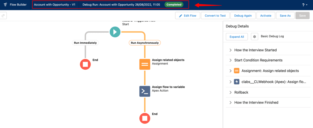 Once done, the completed is shows in the banner with Completed status in Salesforce CRM