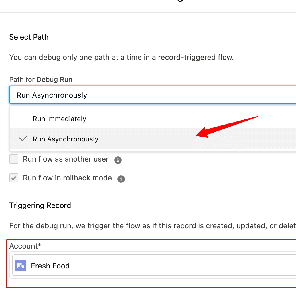 Choosing the account data inside Salesforce CRM by Run Asynchronously.