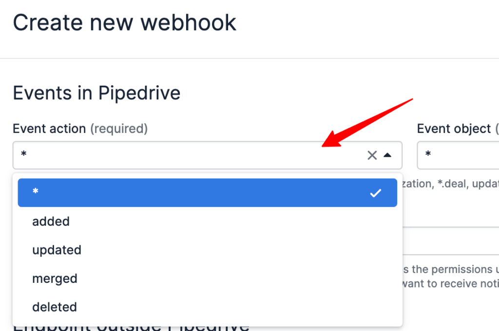 Creating a new webhook in Pipedrive 