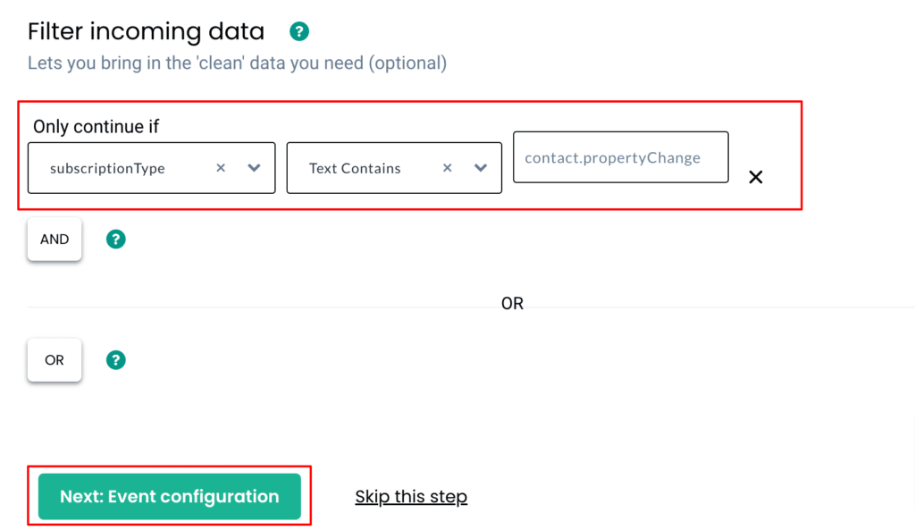 Filter incoming data using subscription type text contains contact.propertyChange
