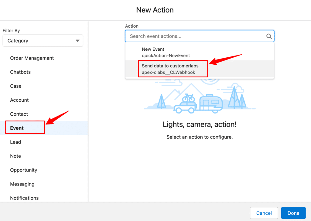 Send data to CustomerLabs CDP chosen with apex-clabs_CLwebhook in the new action