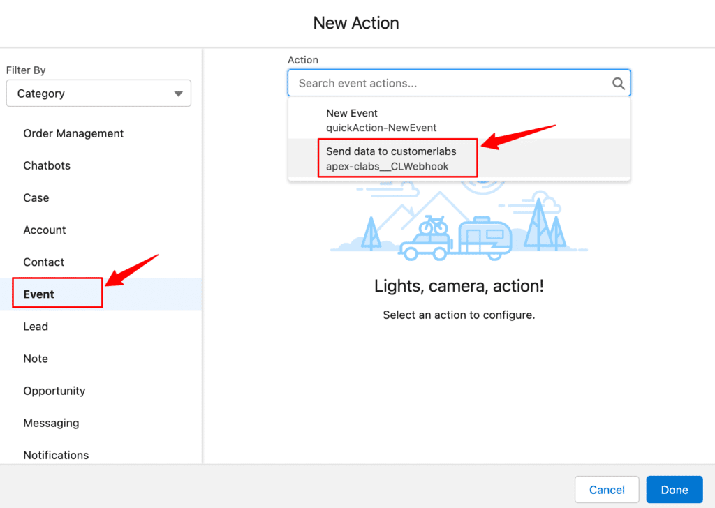 Creating a new event in the new Action - Send data to Customerlabs CDP through the webhook.