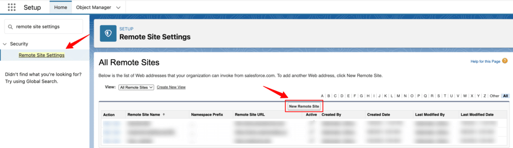 remote site settings inside Salesforce CRM software dashboard