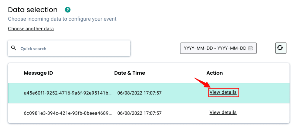 Data Selection to view the details of the data