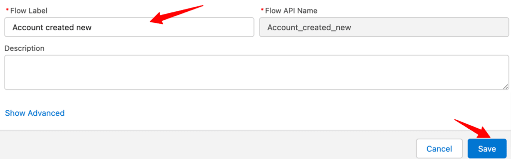 Flow label account created new inside Salesforce CRM