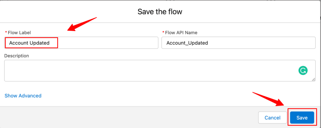 Saving the flow inside Salesforce CRM