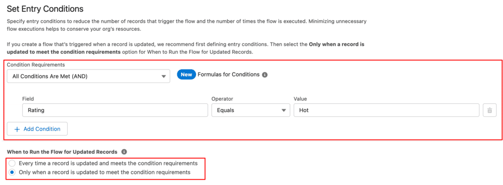 Set entry conditions inside Salesforce CRM