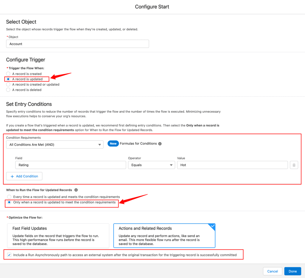 Configure start with record is updated. Set entry conditions, Choose actions and related records to include a run asynchronously path 