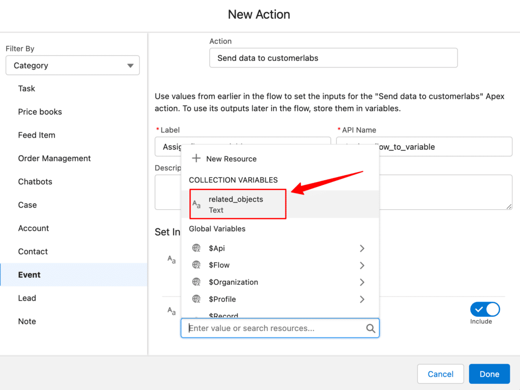 Adding new action for the related objects collection variables in Salesforce CRM to integrate and send data to CustomerLabs CDP
