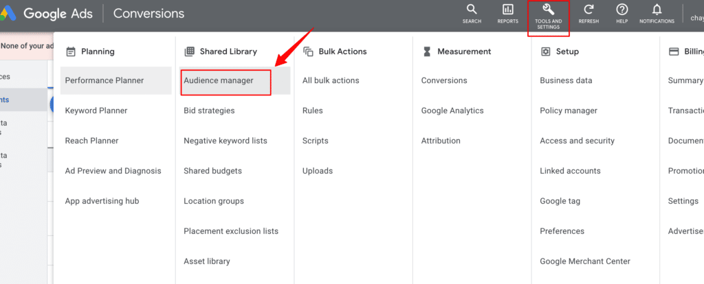 Google Ads old interface showing tools and settings and audience manager inside shared library segment