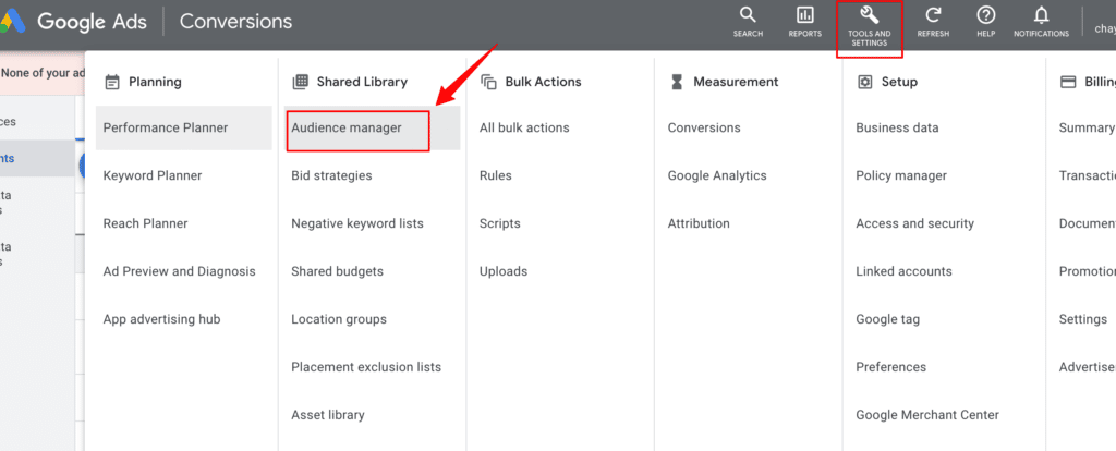 Google Ads audience manager screen showing the settings.