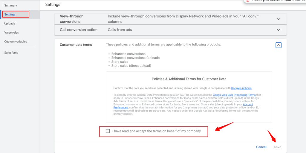 Enhanced Conversions option in the Settings of ad account, inside Customer Data Terms.