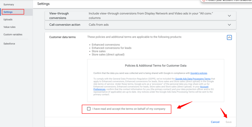 Enhanced Conversions option in the Settings of ad account, inside Customer Data Terms. 