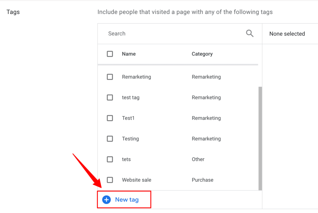 Existing tags and an option to create a new tag inside tags section