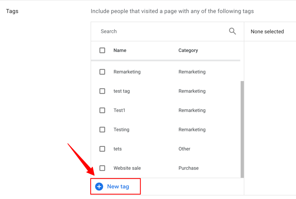 Existing tags and an option to create a new tag inside tags section