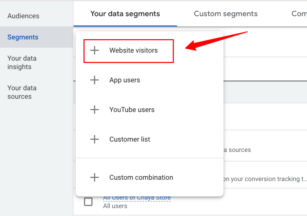 Adding new first party data list through your segments website visitors creation