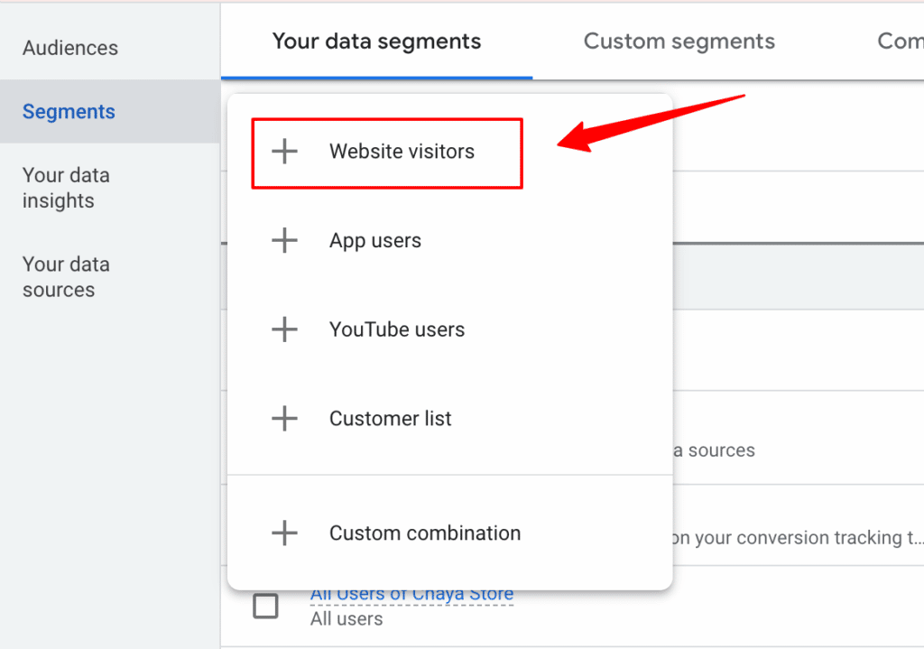 Your data segments the new first party data management space inside Google Ads showing adding website visitor audience as first party data.