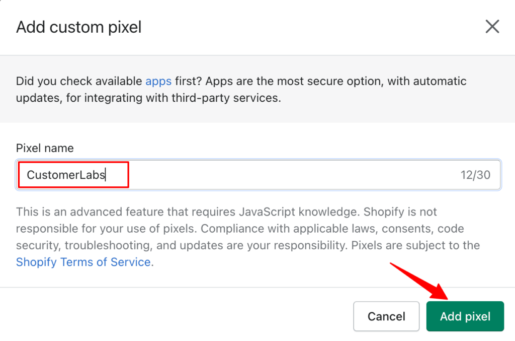 Adding the custom pixel name as CustomerLabs inside Shopify 