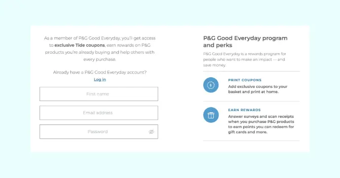 The website of P&G that shows subscribe to get free rewards