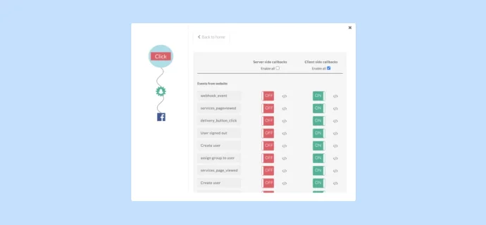 A customerLabs image showing server side and client side callbacks switch section