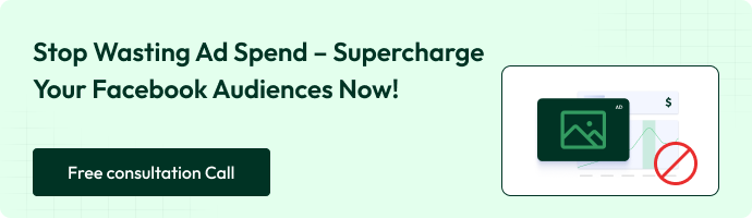 Ad banner encouraging better Facebook ad performance with optimized audiences. Features analytics, imagery, and a button labeled ‘Free consultation call’.