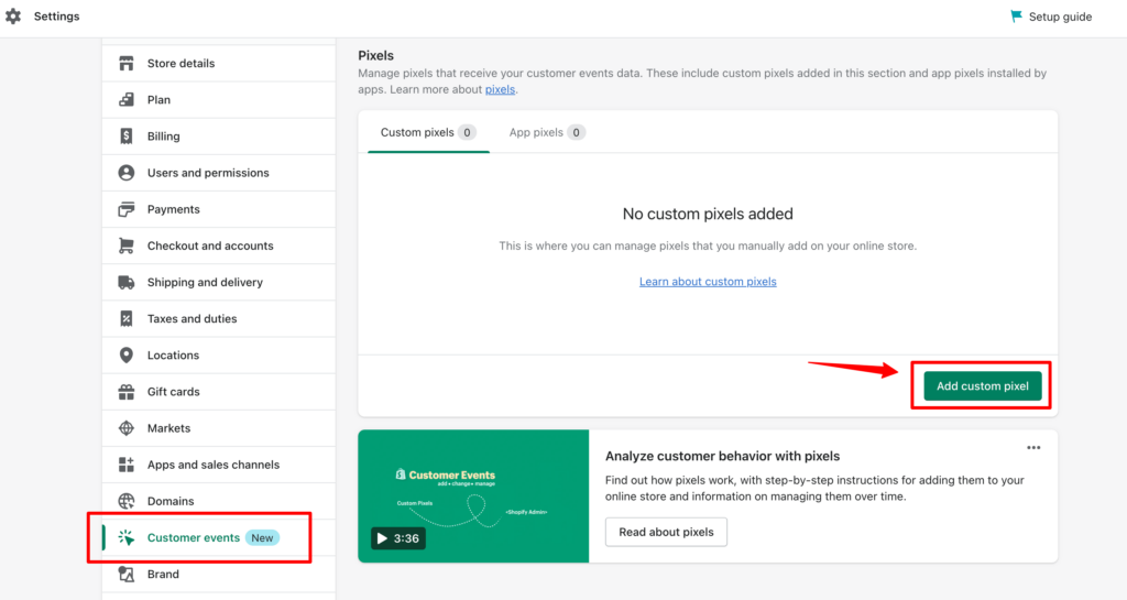 Navigating to Add Custom Pixel inside Shopify in the customer events to directly integrate CustomerLabs CDP with Shopify for complete eCommerce user journey tracking