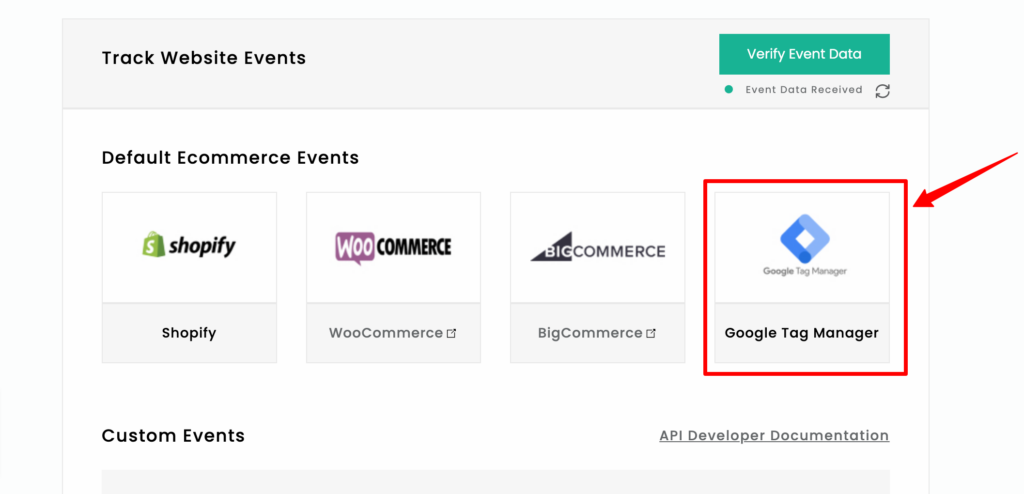 Google Tag Manager integration inside CustomerLabs CDP App to track website events including default eCommerce events.