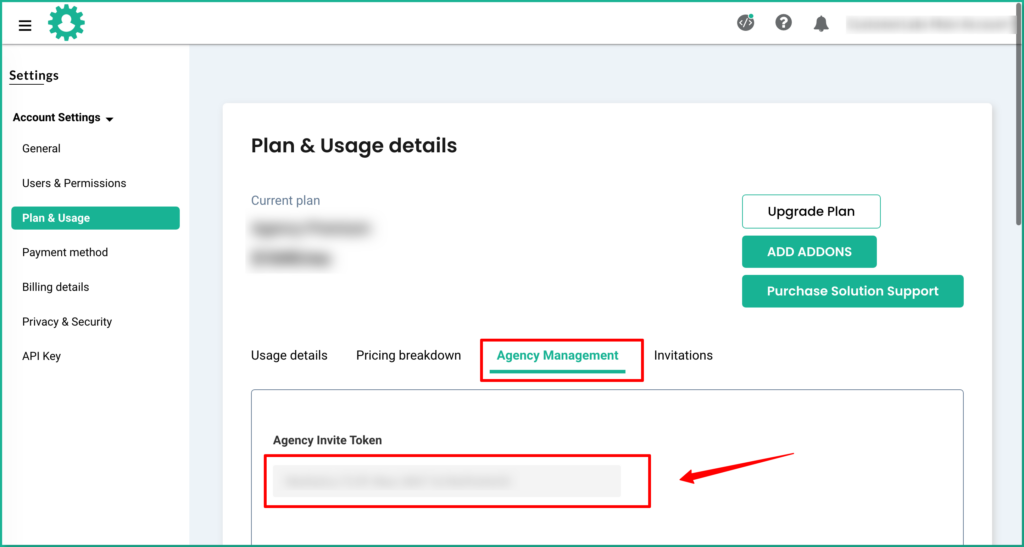 CustomerLabs CDP agency CDP dashboard showing agency invite token.