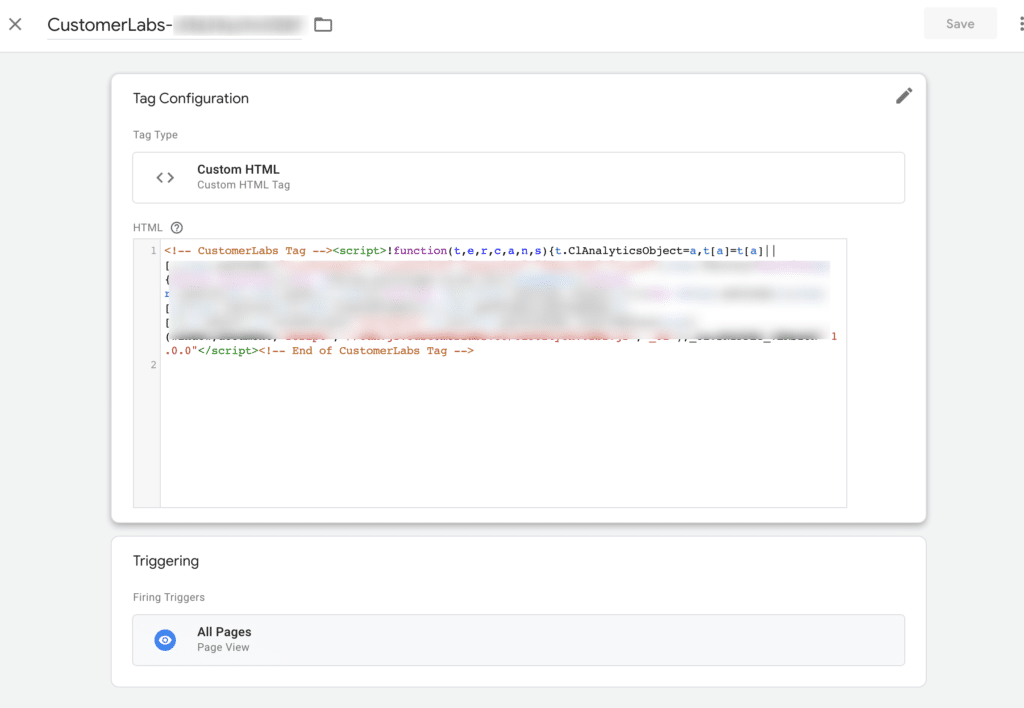 Google Tag Manager tag configuration to insert CustomerLabs Code.