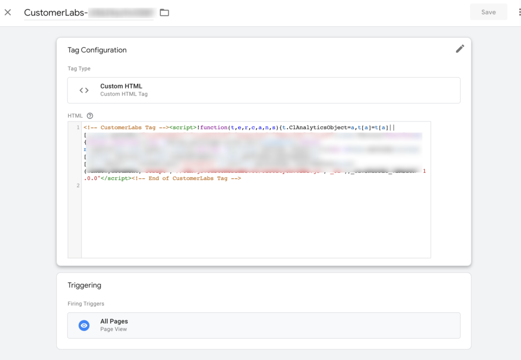 Google Tag Manager tag configuration to insert CustomerLabs Code. 