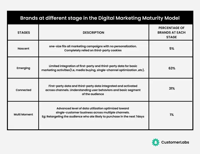 Table that shows the Different stages in Digital Marketing Maturity Model by CustomerLabs
