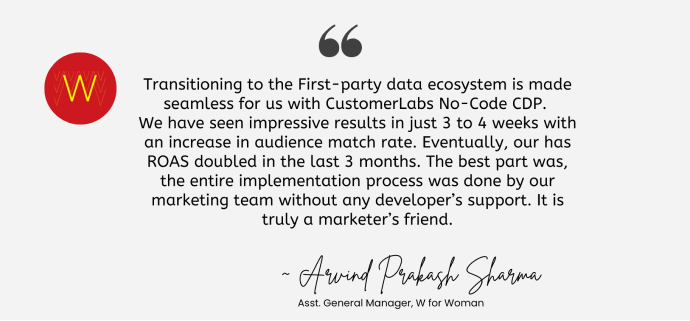 The image contains the testimonial for CustomerLabs CDP, the best CDP, given by Arvind Prakash Sharma, Asst. General Manager, W for Woman,