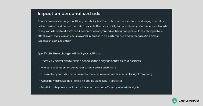 Screenshot from Meta blog that shows impact of iOS14 updates on Personalized Ads. It talks about how personalized ads will be impacted because of the Apple's proposed updates and how it will impact the Facebook Retargeting Ad Campaigns.