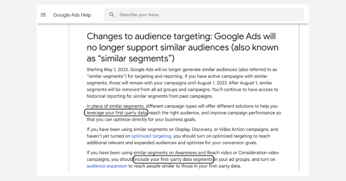 Screenshot from Google Ads Help showing how Leveraging your First-party Data will help reach the right audience and improve overall Google Retargeting Ad Campaign Performance so that you can optimize directly for your business goals