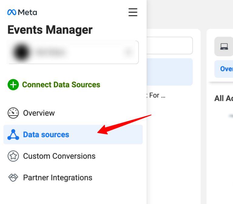 Meta Events Manager sidebar showing navigation options like Connect Data Sources, Overview, and Data Sources.
A red arrow highlights the “Data sources” menu item.